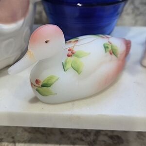 Lovely Opaque White & Coral Fenton Glass Hand-Painted Duck.